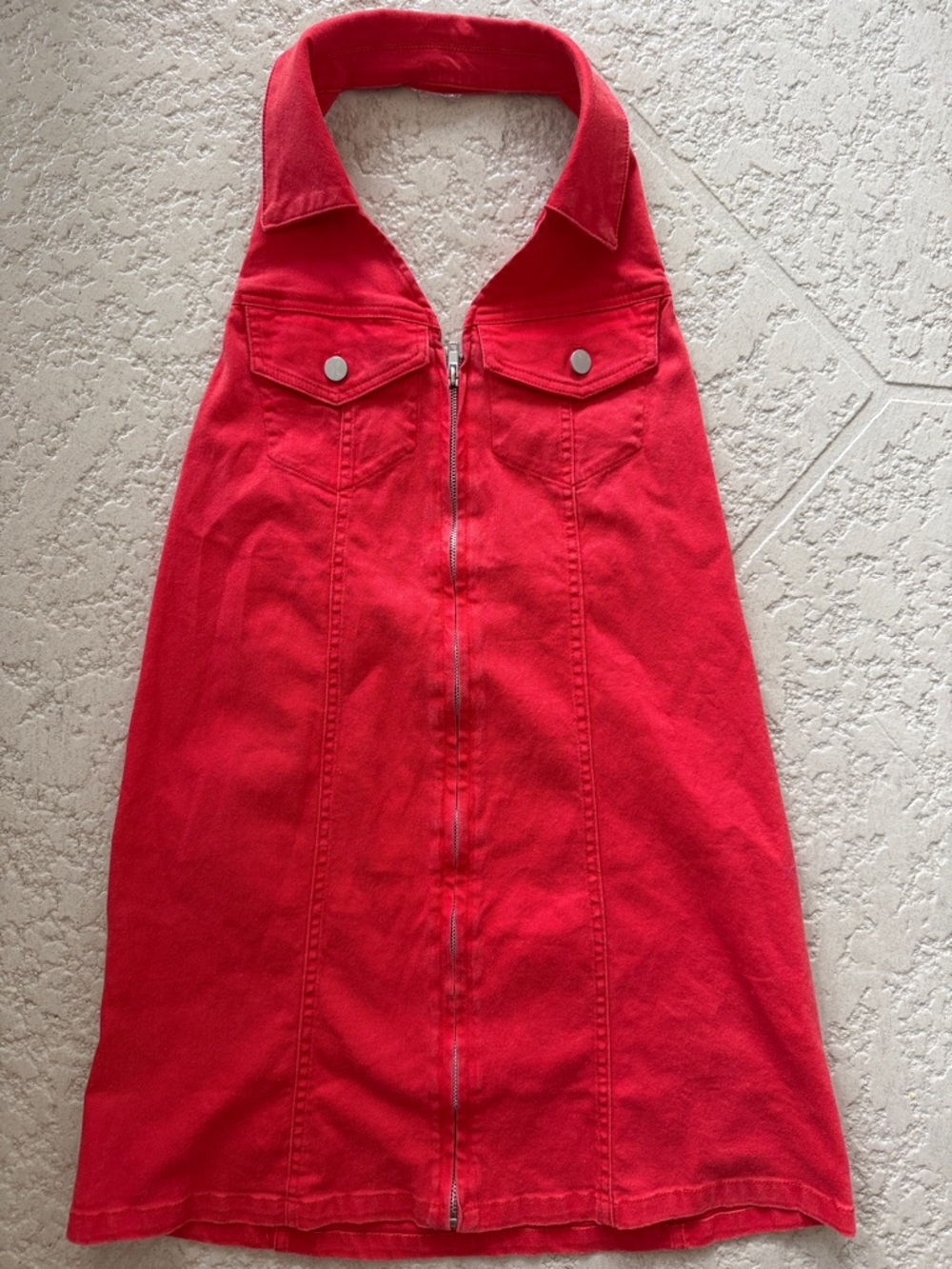 Red Halter Front-Zip Mini Dress